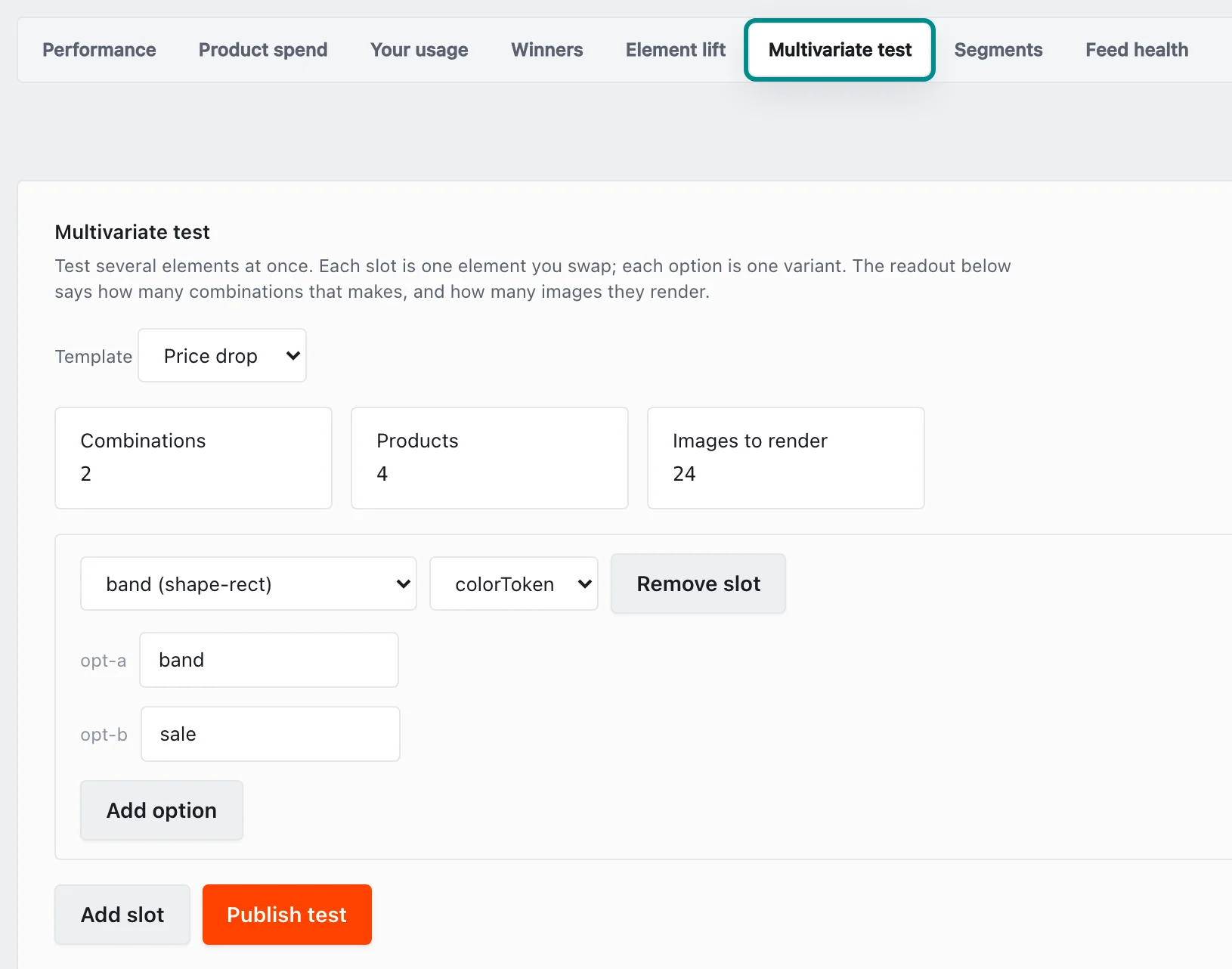 Insights, Multivariate test, with the Multivariate test tab marked.