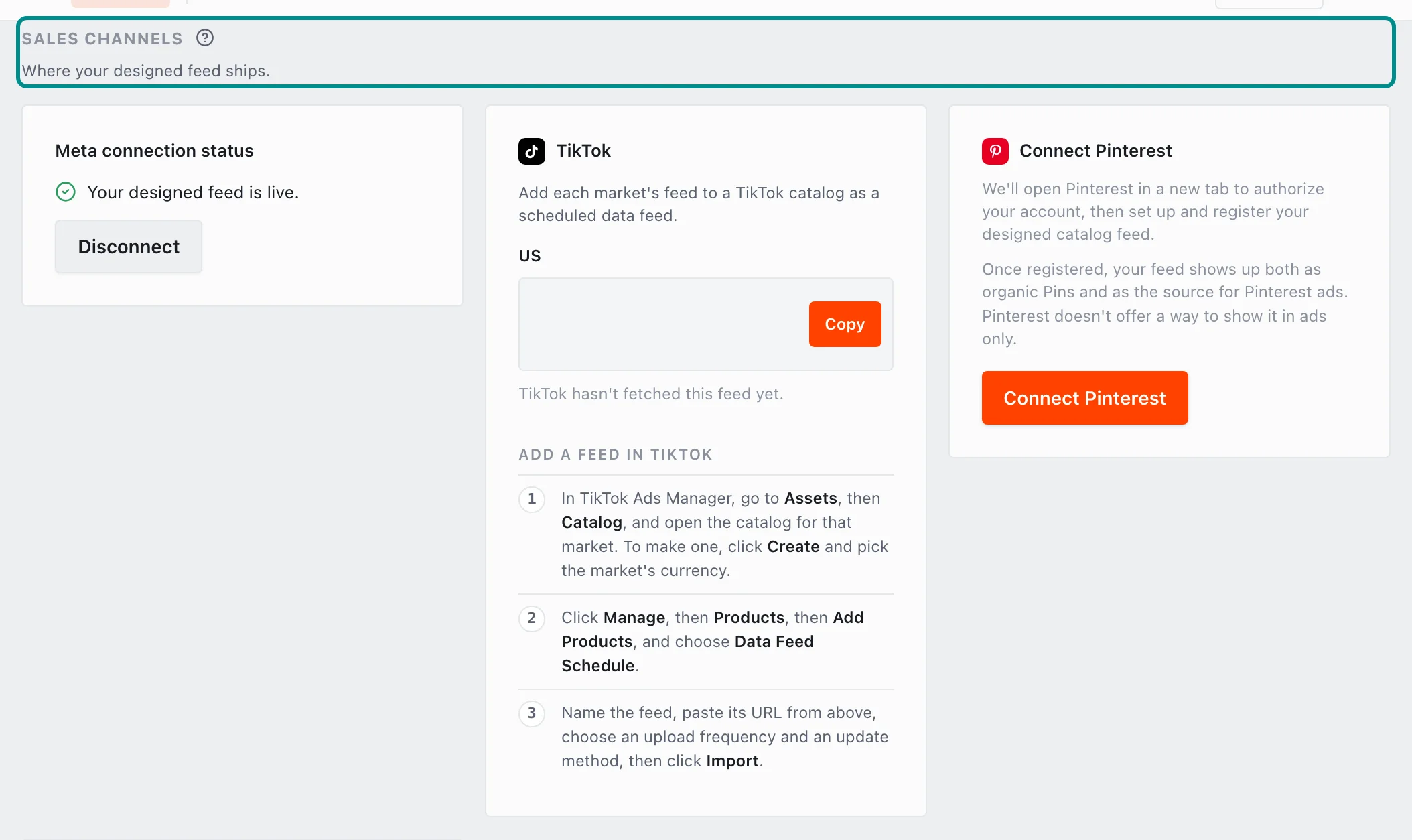 Settings, Sales channels, with the Sales channels section marked.