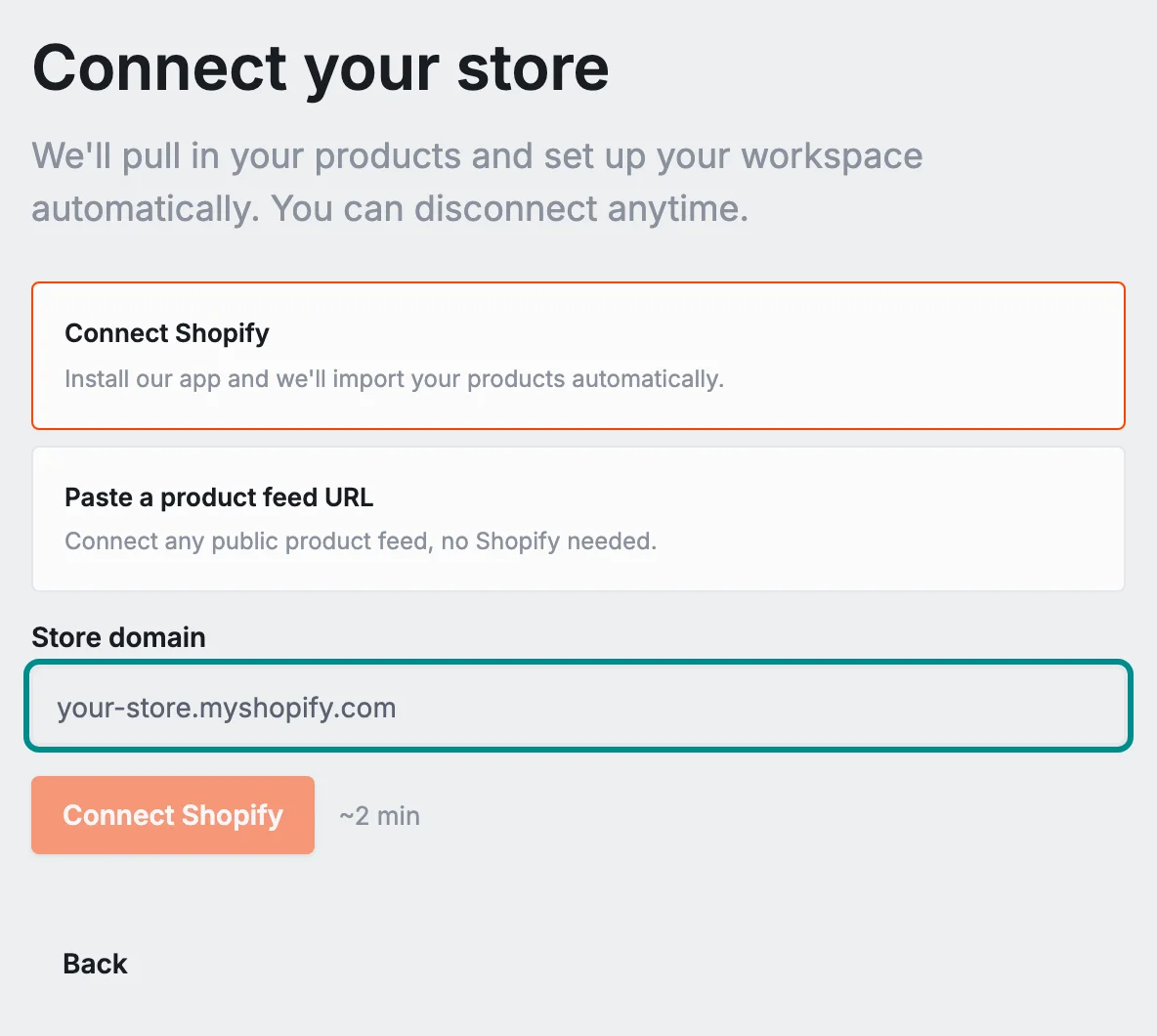The setup wizard's Connect step, with the Store domain field marked.