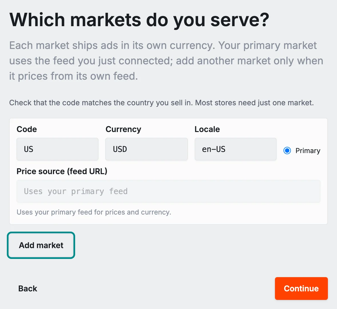 The setup wizard's Markets step, with the Add market button marked.