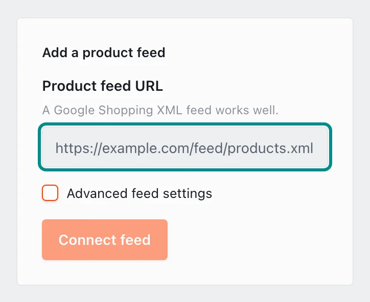 The Add a product feed card, with the Product feed URL field marked.