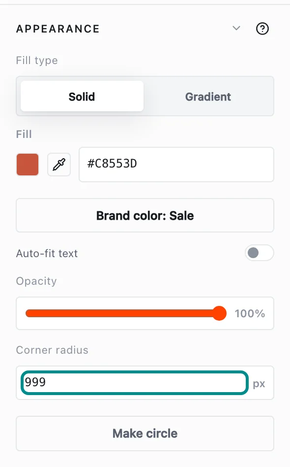 The Inspector's Appearance section for the sale badge, with the Corner radius field marked.