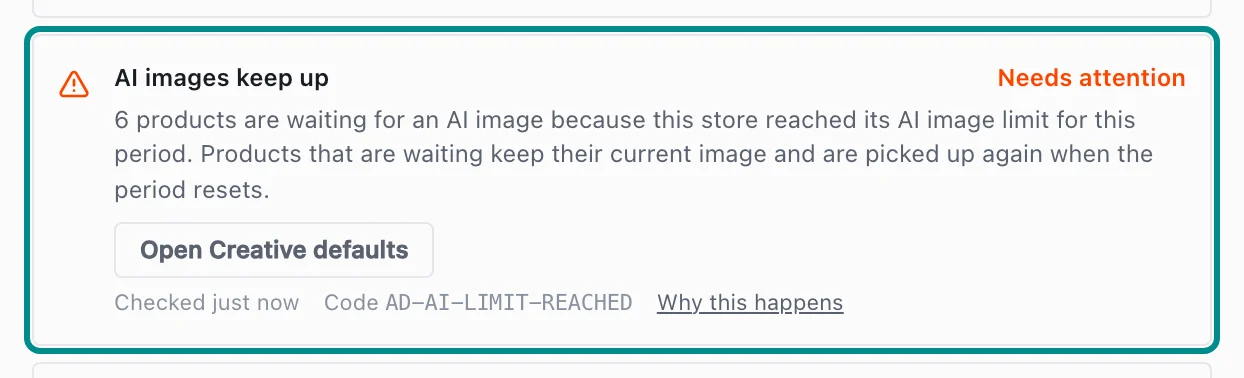 Store health in Settings showing AD-AI-LIMIT-REACHED, with the AI images keep up card marked.