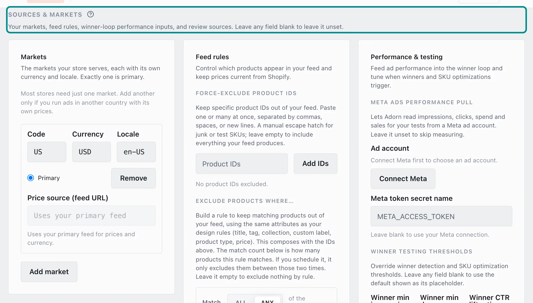Settings, Sources & markets, with the Sources & markets section marked.