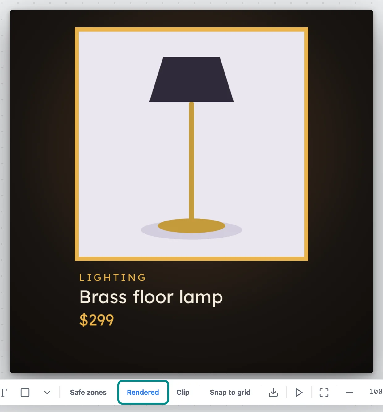 The Lamp glow design with Rendered on, with the Toggle rendered preview button marked.