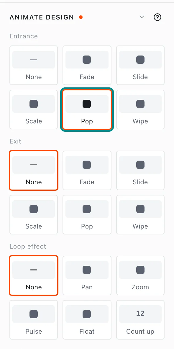 The Inspector's Animate design section for the sale badge, with the Entrance transition: Pop button marked.