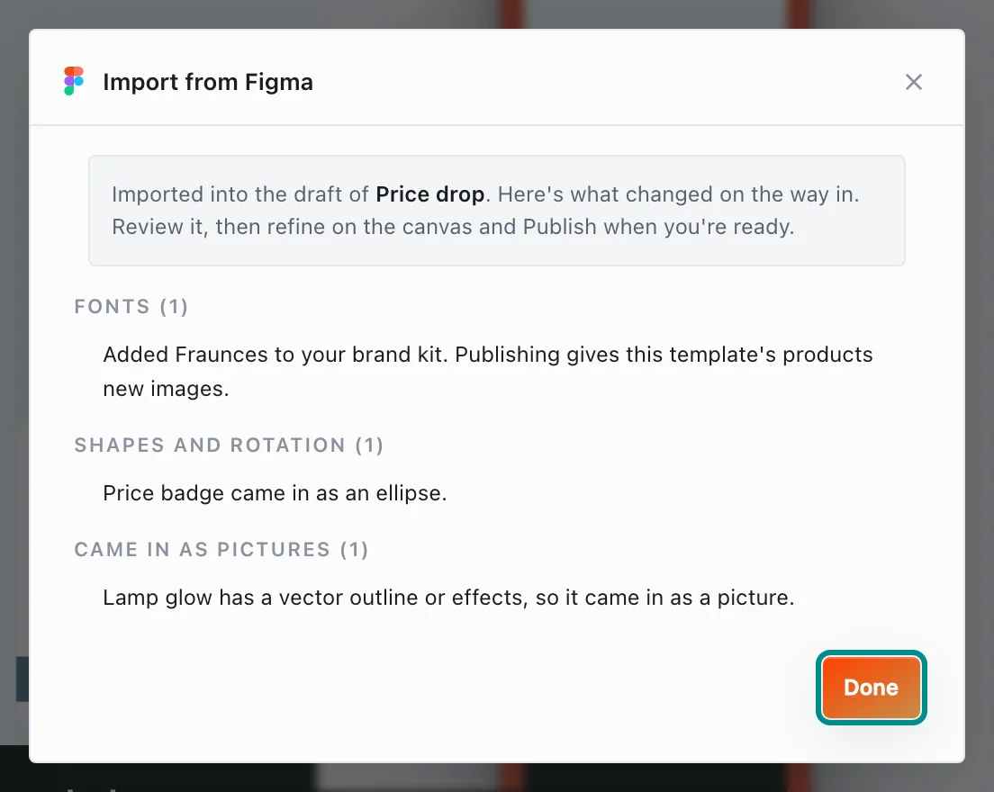 The Import from Figma window's report, with the Done button marked.