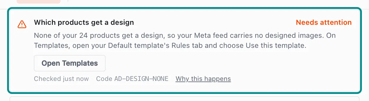 Store health in Settings showing AD-DESIGN-NONE, with the Which products get a design card marked.