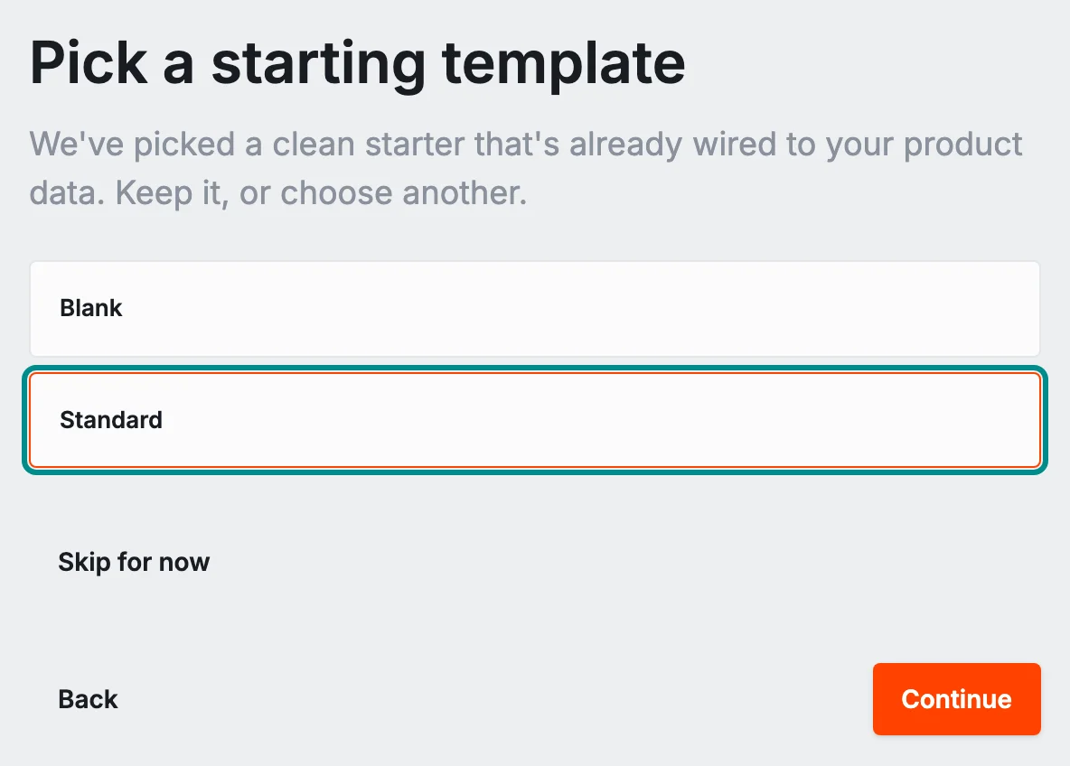 The setup wizard's Template step, with the Standard button marked.