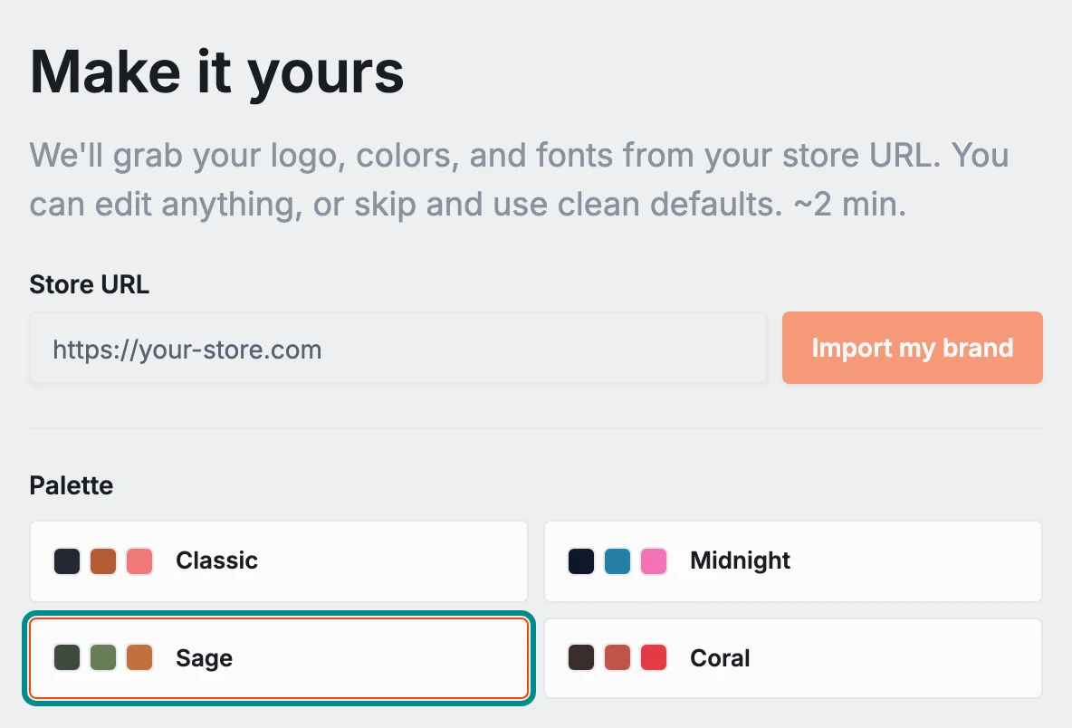 The setup wizard's Brand step, with the Sage button marked.