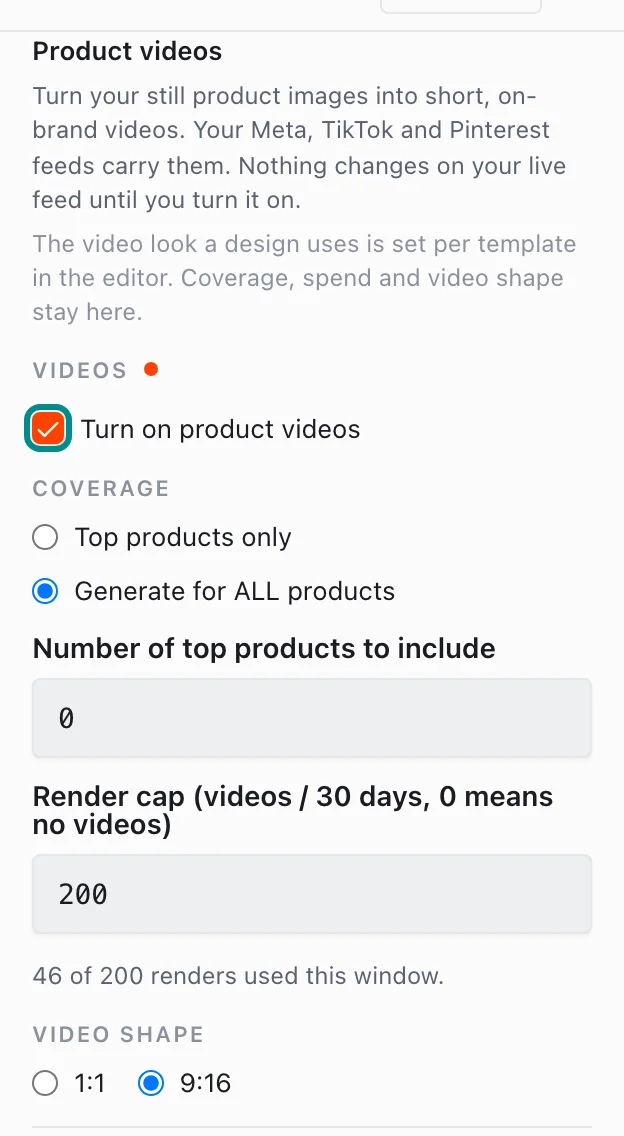 Product videos turned on with renders used this window, with the Turn on product videos checkbox marked.