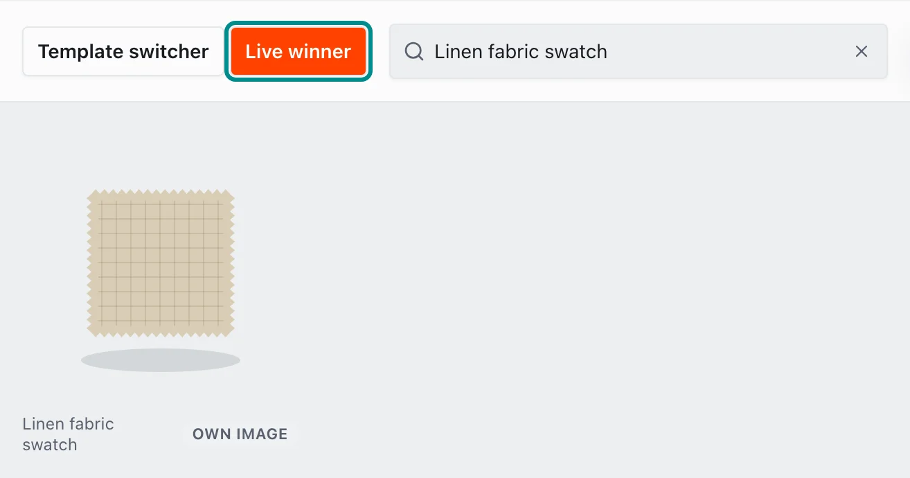 Preview catalog in Live winner, searched for the linen fabric swatch, with the Live winner button marked.