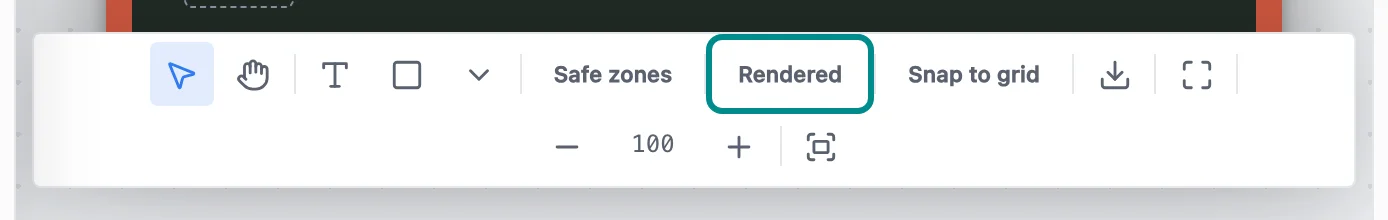 The canvas tools under the design, with the Toggle rendered preview button marked.