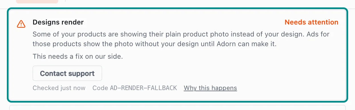 Store health in Settings showing AD-RENDER-FALLBACK, with the Designs render card marked.