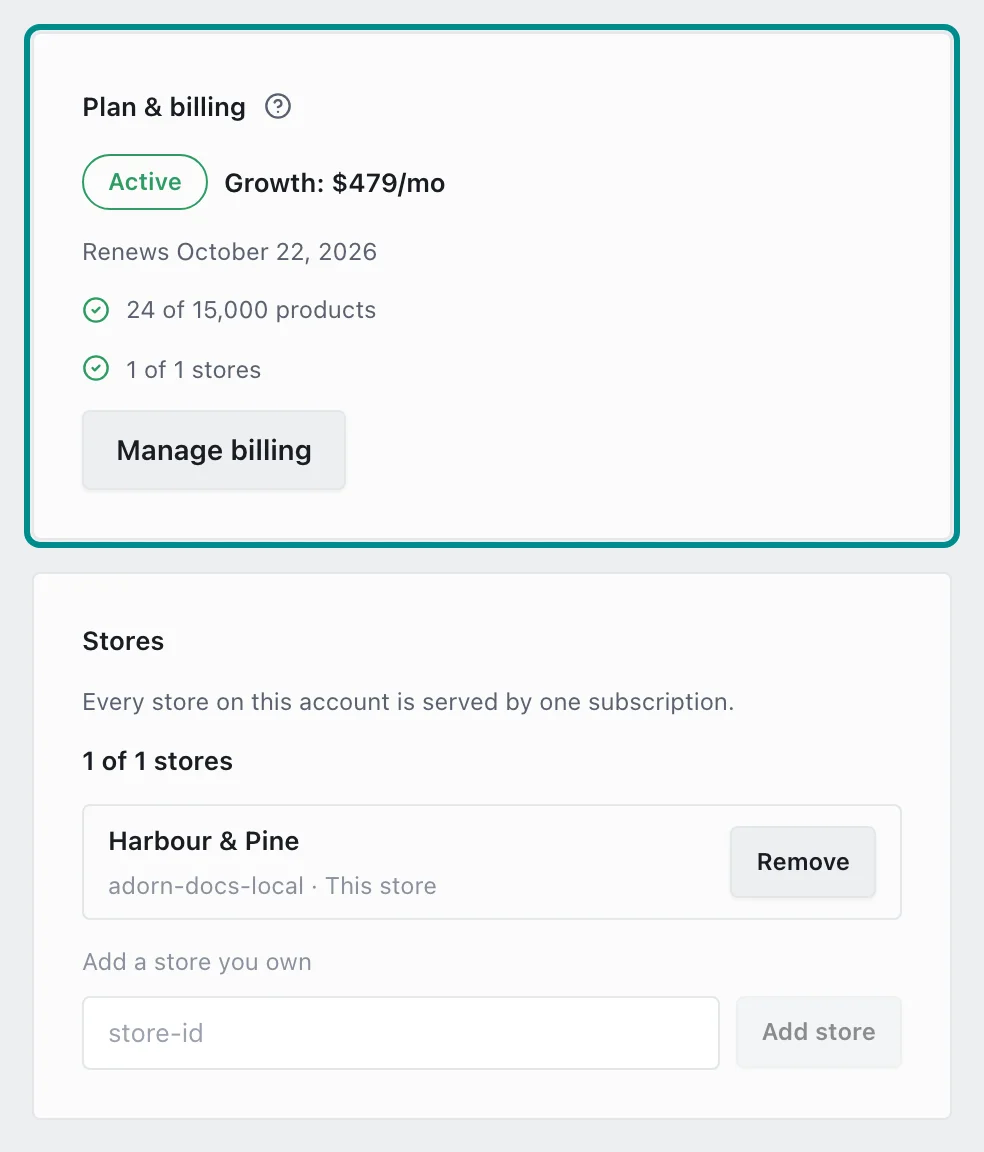 Settings, Billing, with the Plan & billing card marked.