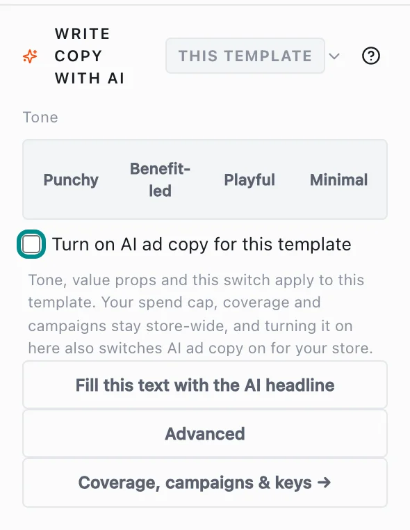 The Inspector's Write copy with AI section for the title, with the Turn on AI ad copy checkbox marked.