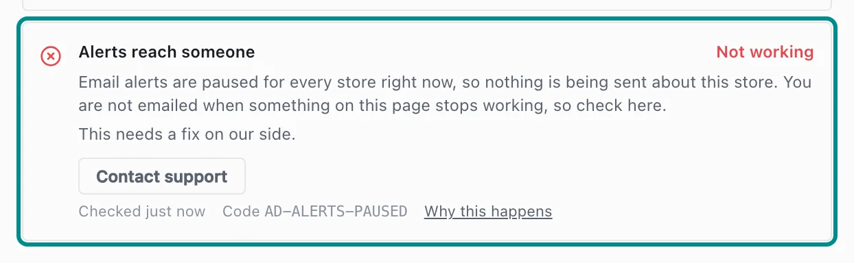 Store health in Settings showing AD-ALERTS-PAUSED, with the Alerts reach someone card marked.