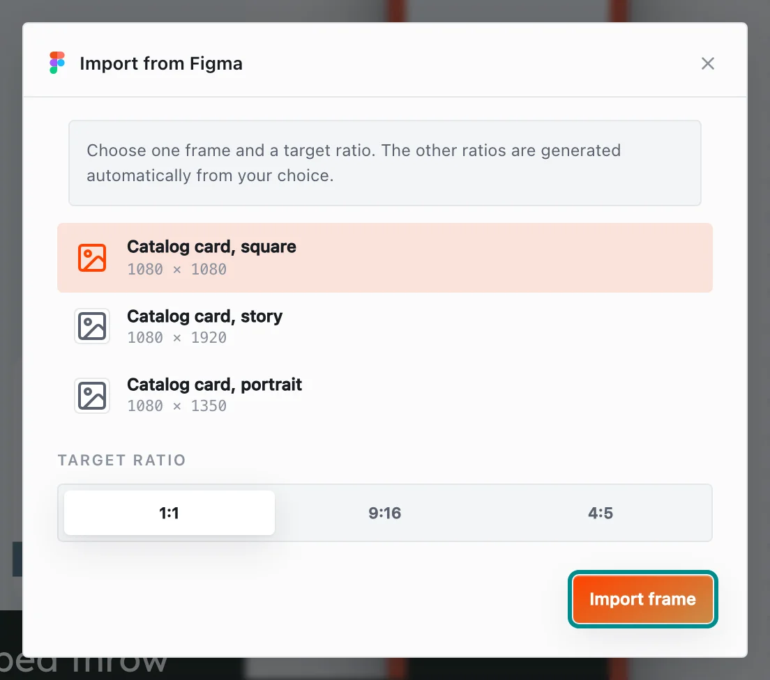 The Import from Figma window's frames, with the Import frame button marked.