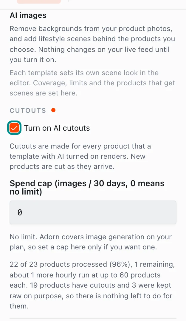 AI images turned on with most products processed, with the Turn on AI cutouts checkbox marked.
