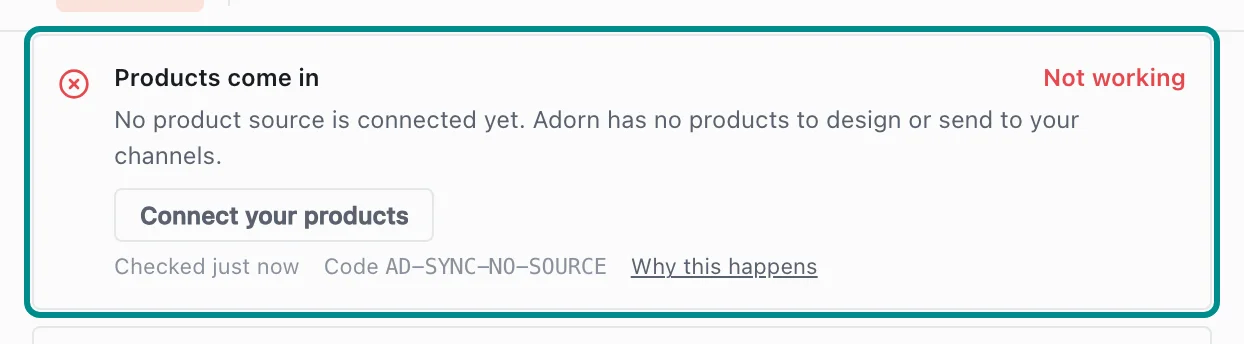 Store health in Settings showing AD-SYNC-NO-SOURCE, with the Products come in card marked.