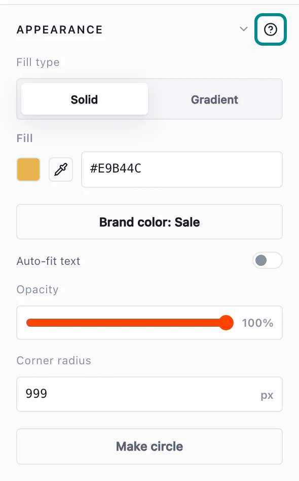 The Inspector's Appearance section for the sale badge, with the Help with Appearance button marked.