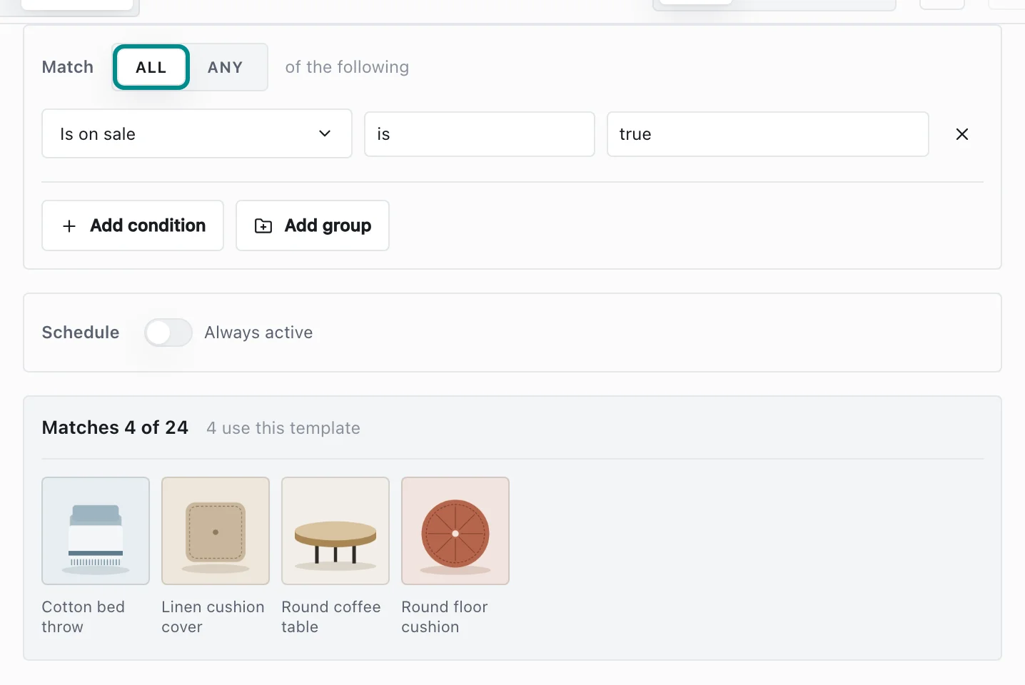 The Price drop template's rule on its Rules tab, with the Match all conditions button marked.