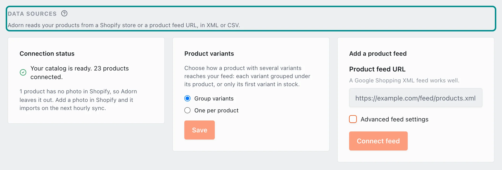 Settings, Data sources, with the Data sources section marked.