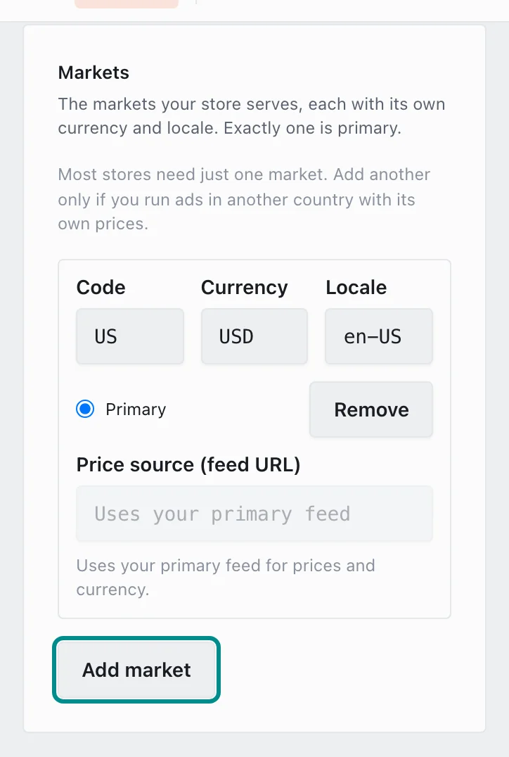 The store's markets, with the Add market button marked.