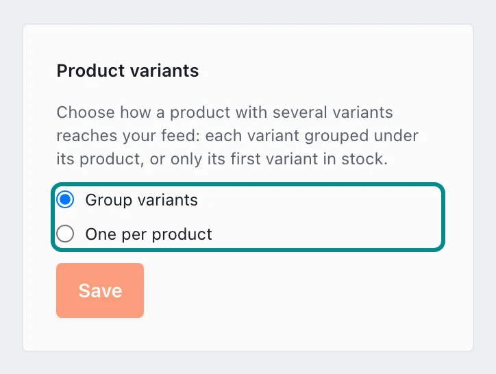 How products with several variants reach the feed, with the Product variants field marked.