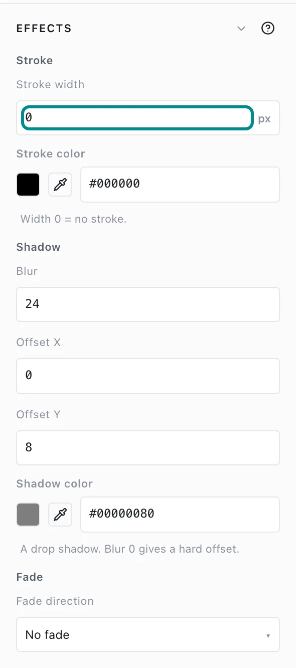 The Inspector's Effects section for a shape, with the Stroke width field marked.