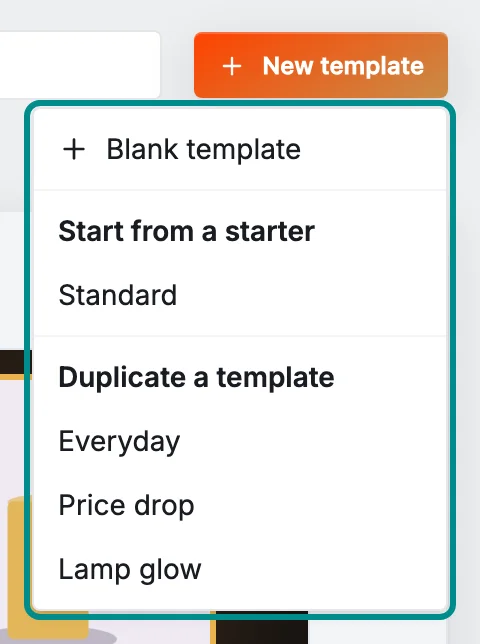 The Templates page, with the New template menu marked.