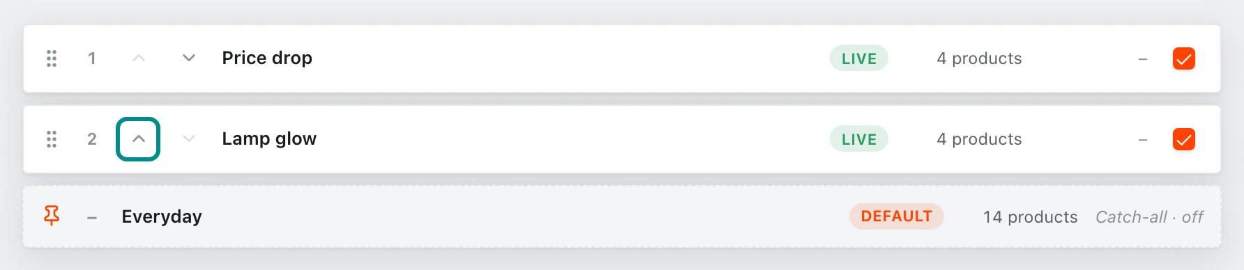 The template priority order, with the Move Lamp glow up button marked.