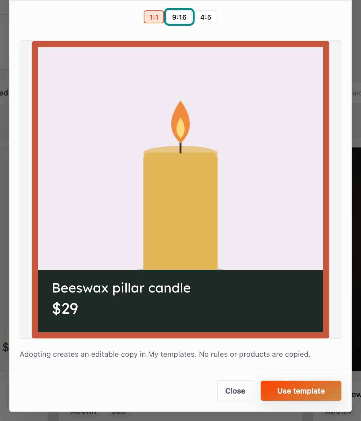 The preview of the Price drop community template, with the 9:16 button marked.