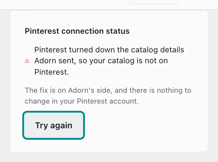 The Pinterest card after Pinterest turned down the catalog, with the Try again button marked.