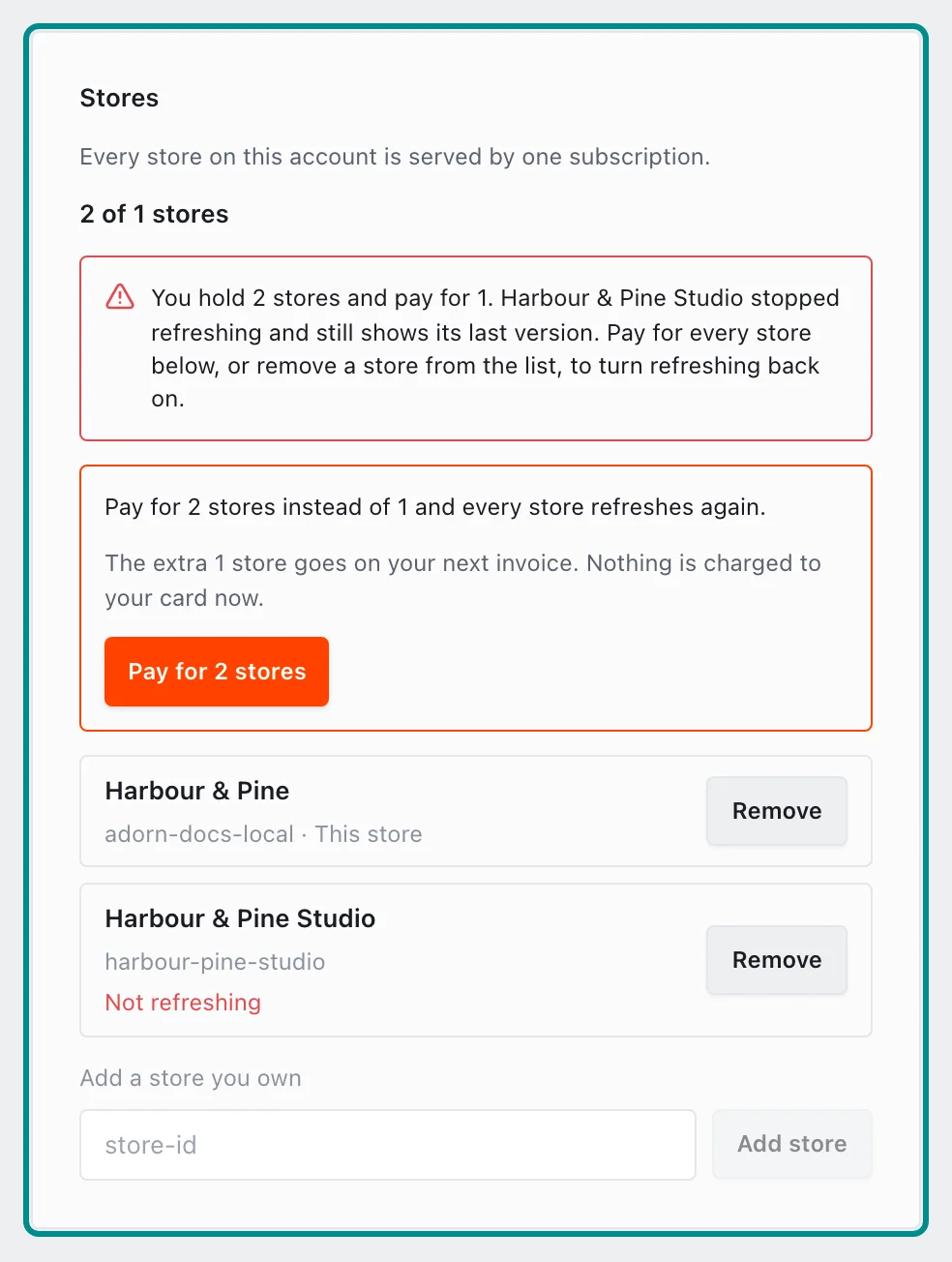 The Stores card holding more stores than the plan pays for, with the Stores card marked.