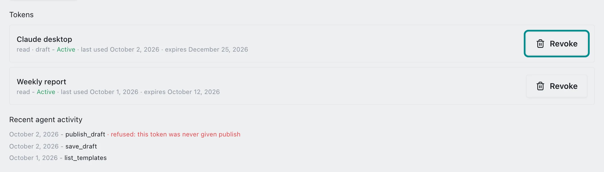 The agent tokens and their recent activity, with the Revoke button marked.