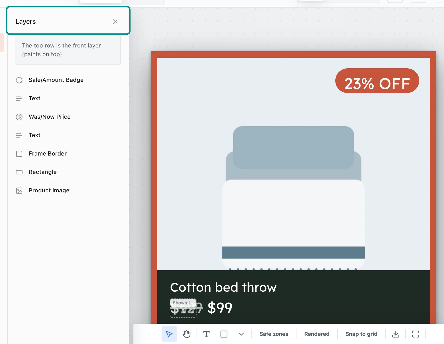 The editor with the Price drop template open, with the Layers section marked.