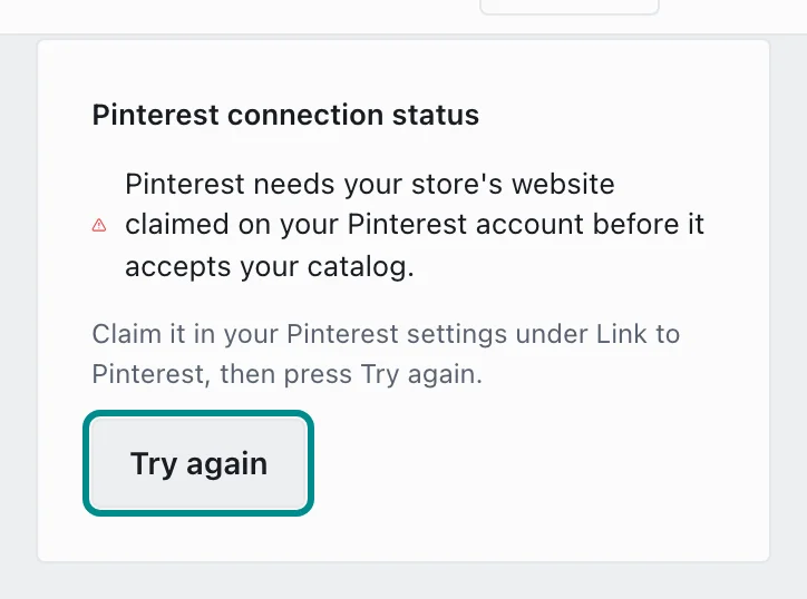 The Pinterest card asking for the website to be claimed, with the Try again button marked.