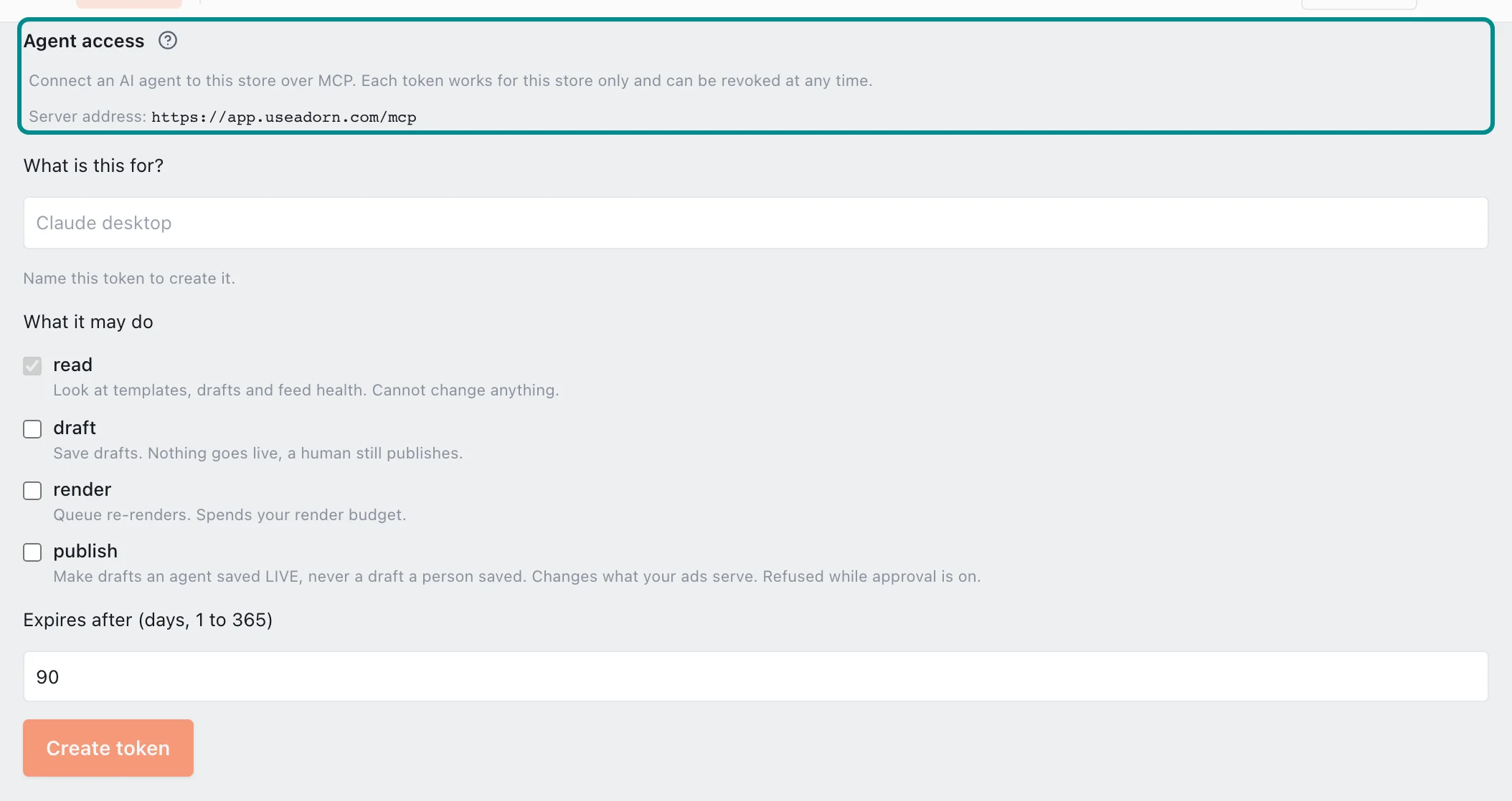 Settings, Agent access, with the Agent access section marked.