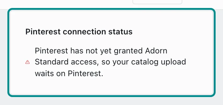 The Pinterest card waiting on Pinterest's review, with the Pinterest connection status card marked.