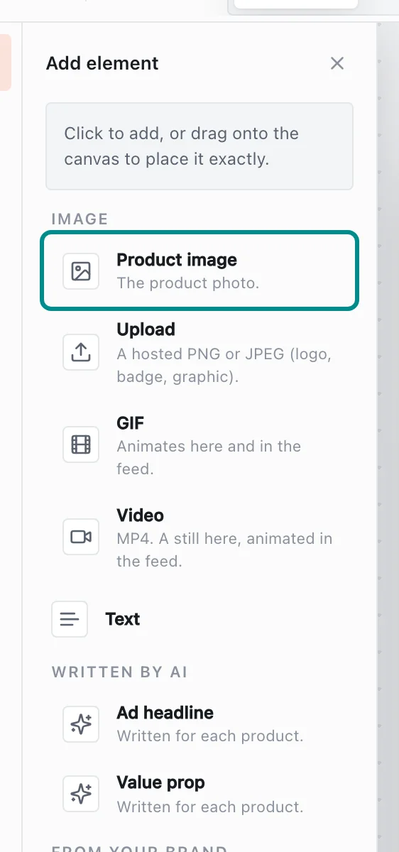 The Add element panel, with the Product image button marked.