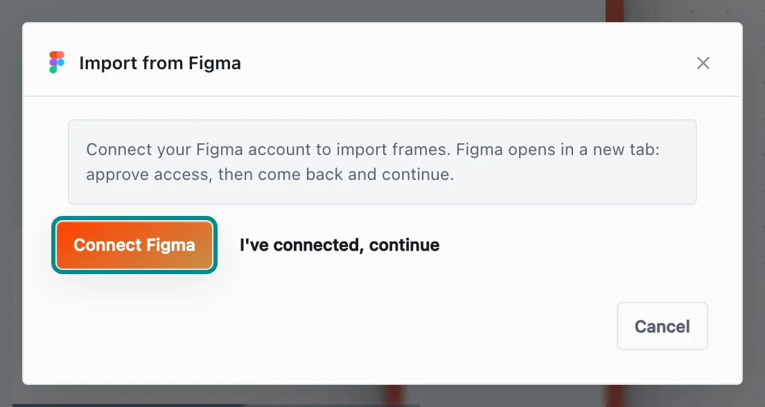 The Import from Figma window, with the Connect Figma button marked.