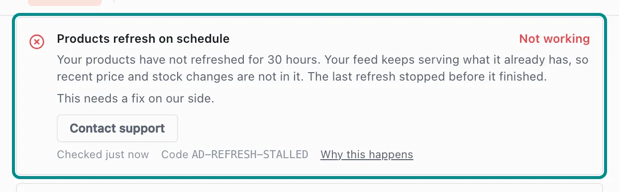 Store health in Settings showing AD-REFRESH-STALLED, with the Products refresh on schedule card marked.