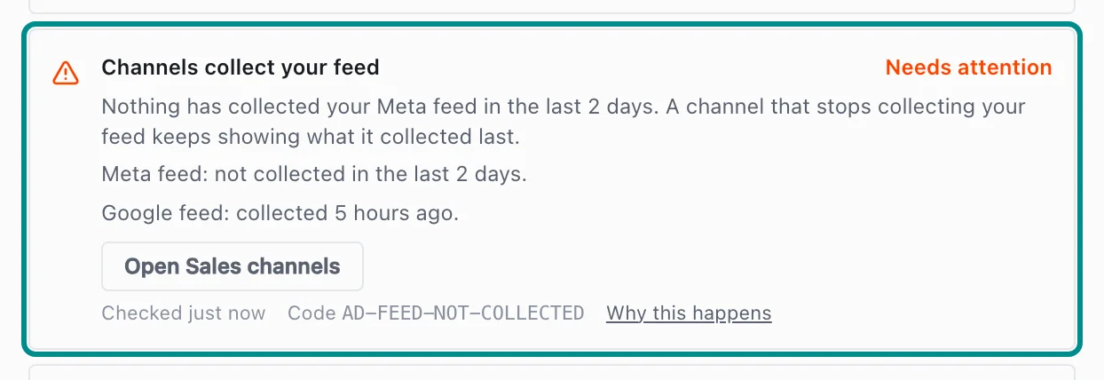 Store health in Settings showing AD-FEED-NOT-COLLECTED, with the Channels collect your feed card marked.