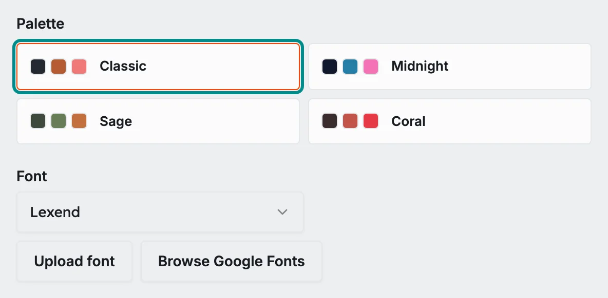 The palettes and fonts on the brand step, with the Classic button marked.
