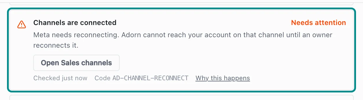 Store health in Settings showing AD-CHANNEL-RECONNECT, with the Channels are connected card marked.