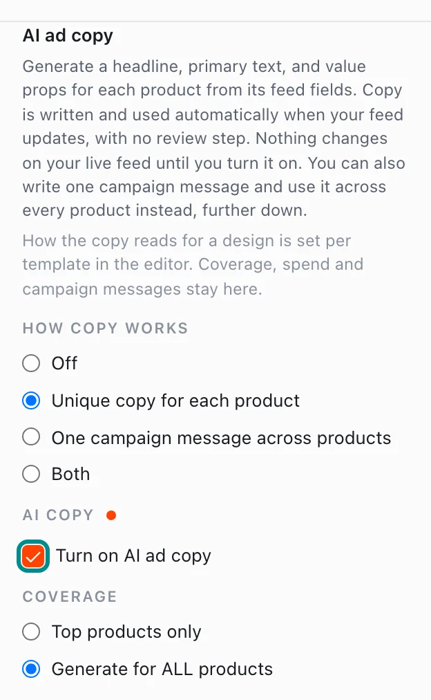 AI ad copy turned on for every product, with the Turn on AI ad copy checkbox marked.