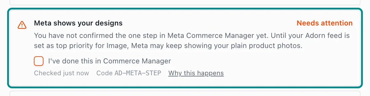 Store health in Settings showing AD-META-STEP, with the Meta shows your designs card marked.