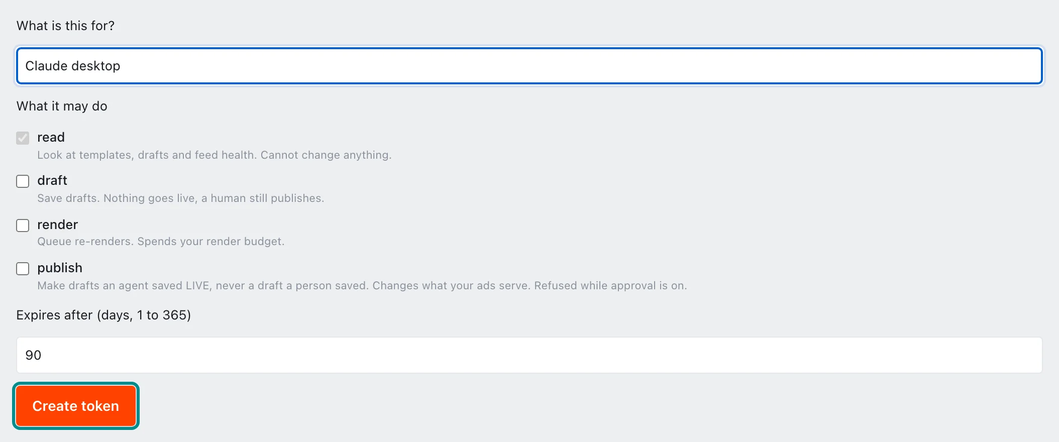 The form for a new agent token, with the Create token button marked.