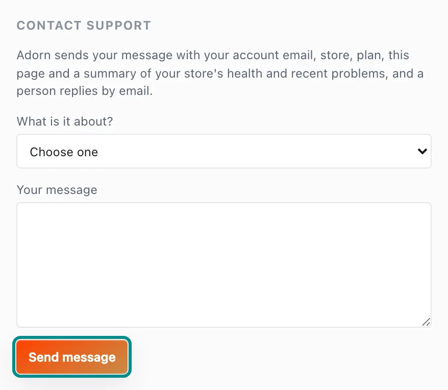 The Help panel's Contact support, with the Send message button marked.